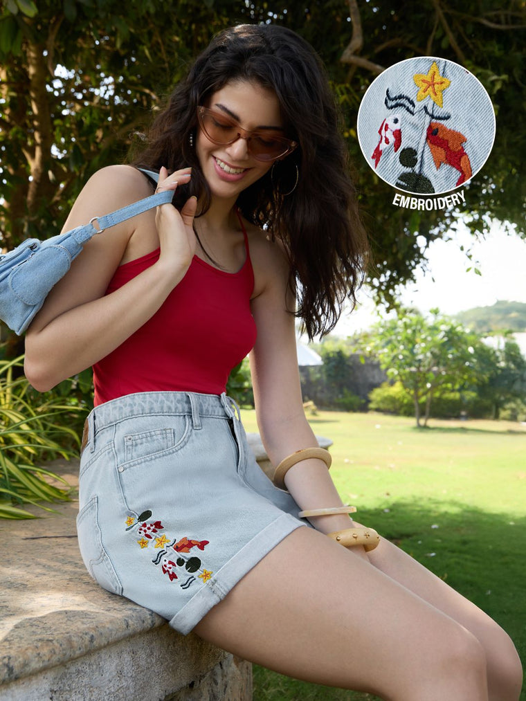 Denim Shorts: Koi Fish Women Denim Shorts