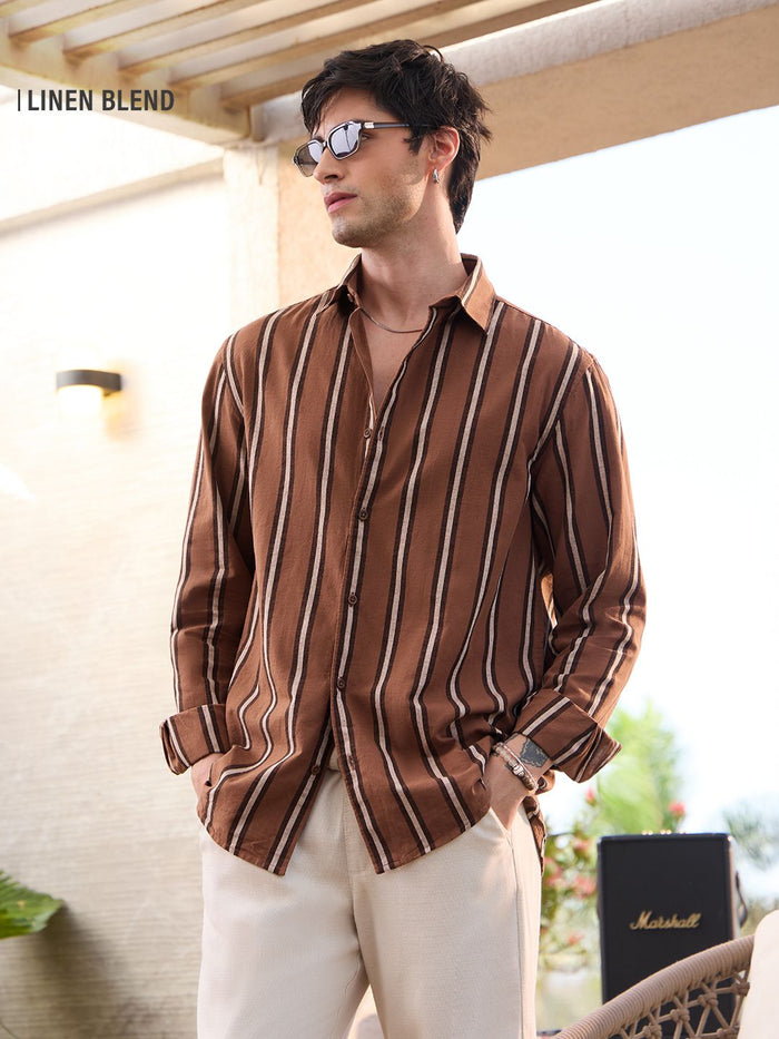 Cotton Linen Stripes: Chestnut Cotton Linen Shirts