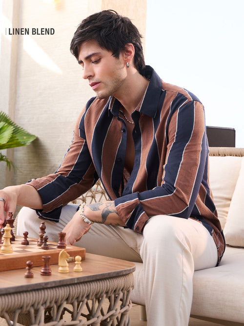 Cotton Linen Stripes: Nutmeg Cotton Linen Shirts