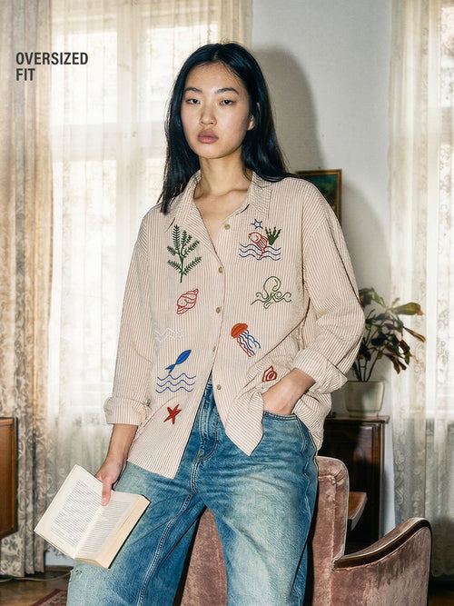 Textured Shirt: Marine Women Oversized Shirts
