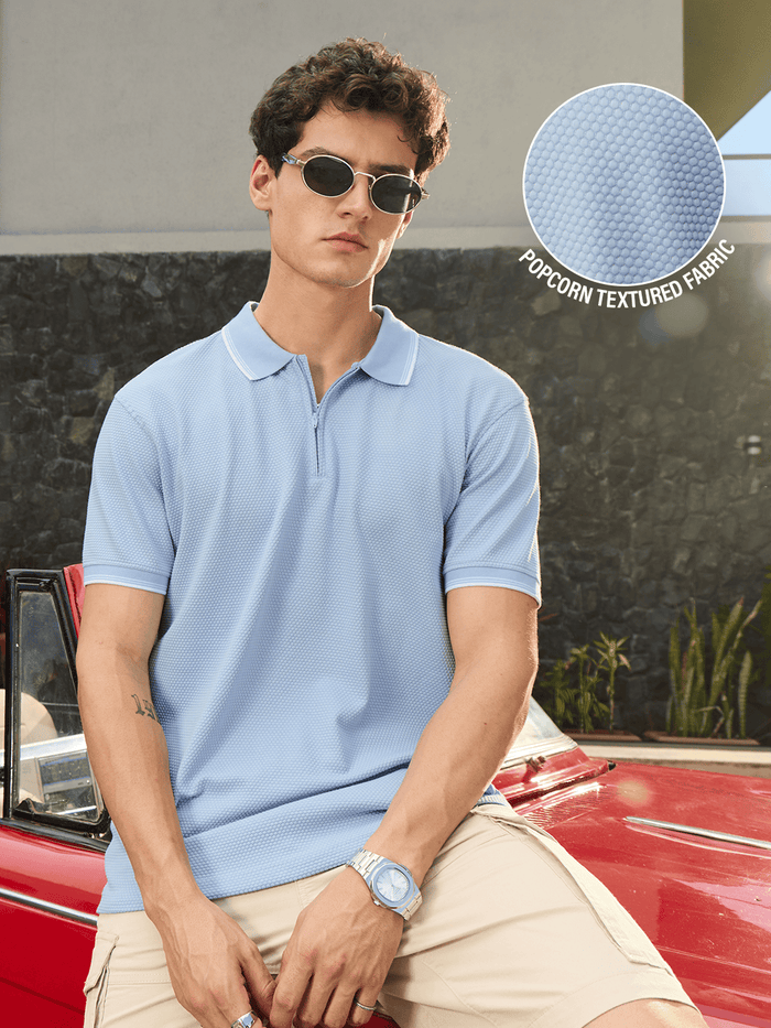 Popcorn: Pastel Blue Zipper Polos
