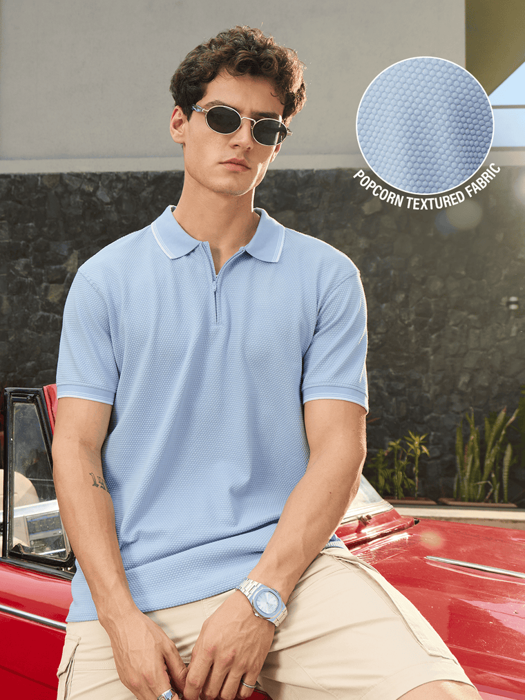 Popcorn: Pastel Blue Zipper Polos