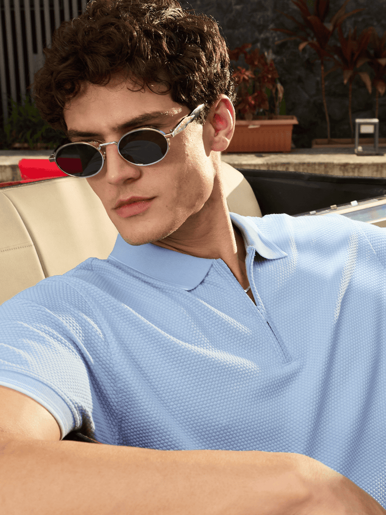 Popcorn: Pastel Blue Zipper Polos