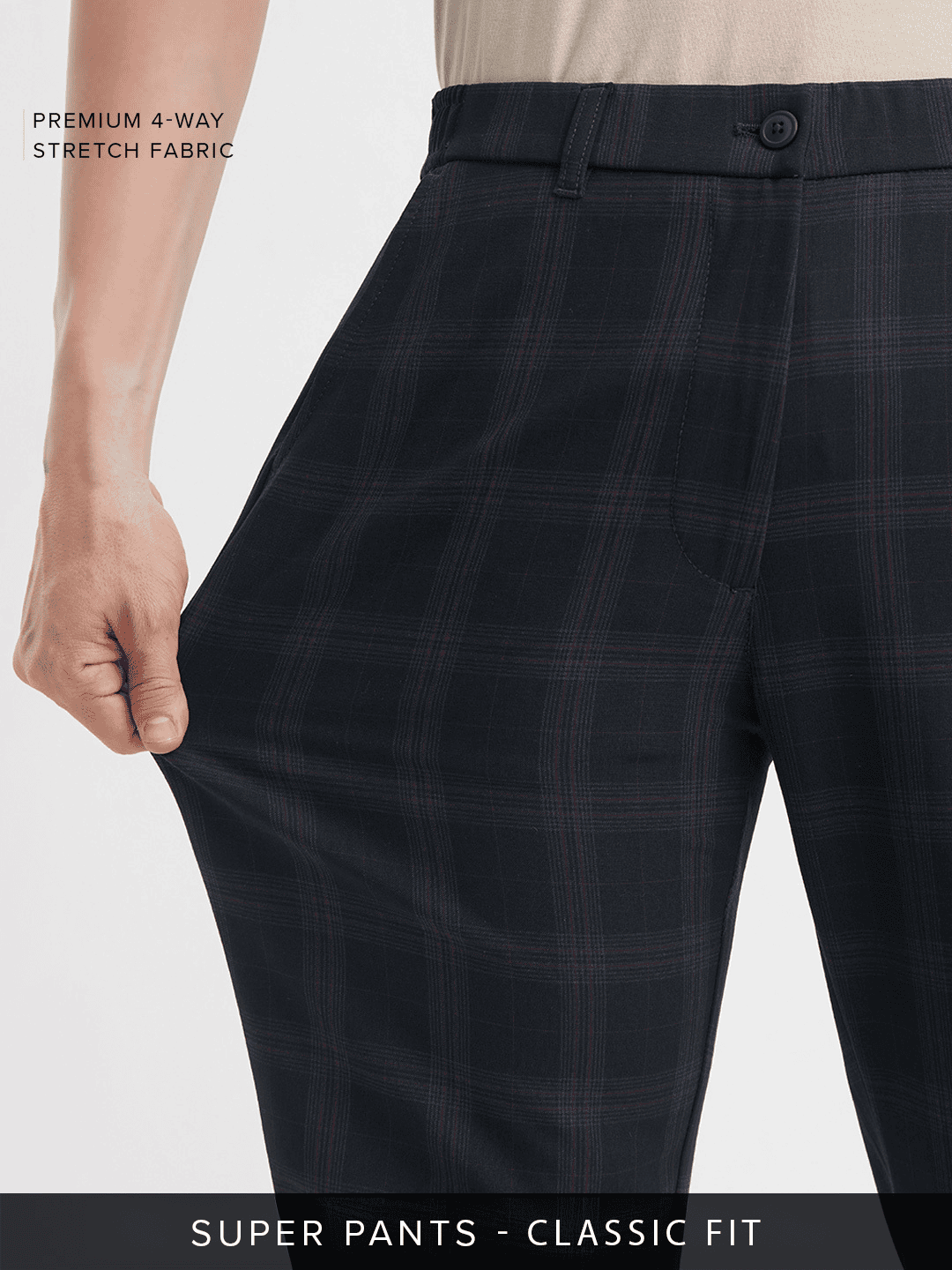 Super Pants: Navy Checks Men Super Flex Pants