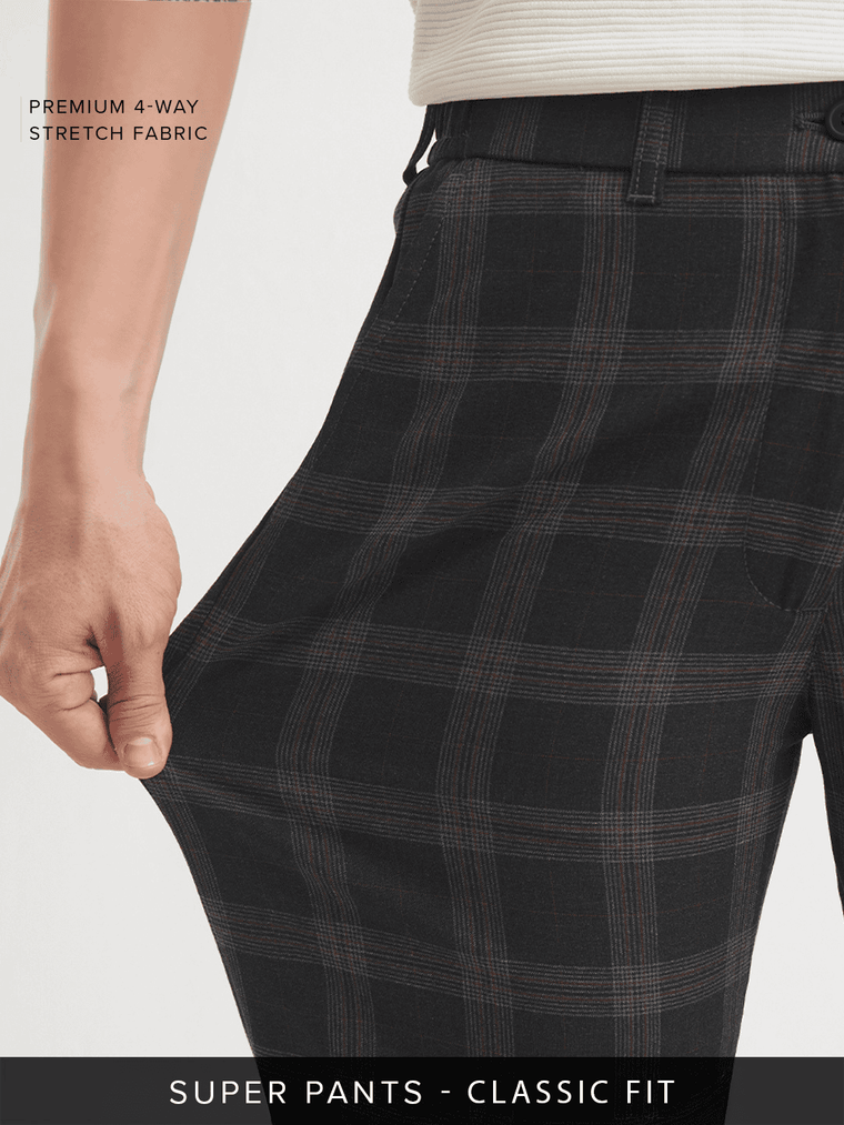 Super Pants: Dark Grey Checks Men Super Flex Pants