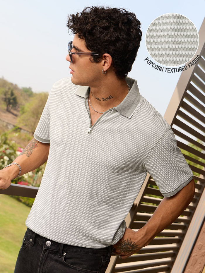 Textured Polo: Ivory Grey Textured Polos