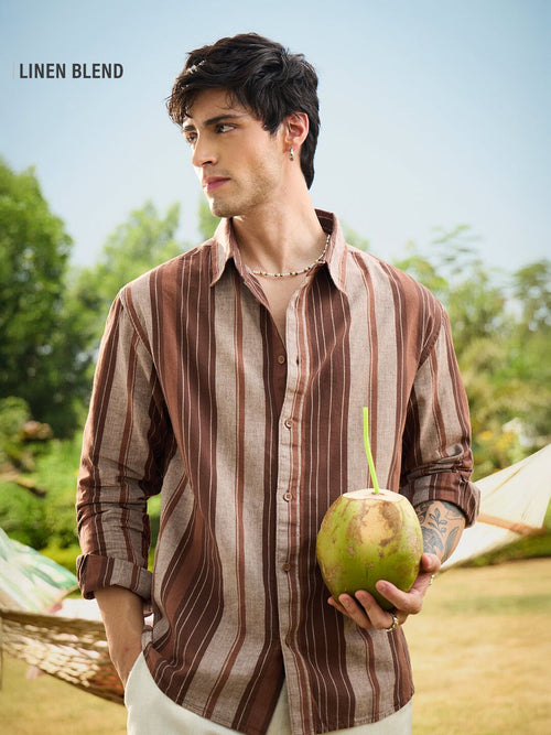 Cotton Linen Stripes: Latte Cotton Linen Shirts