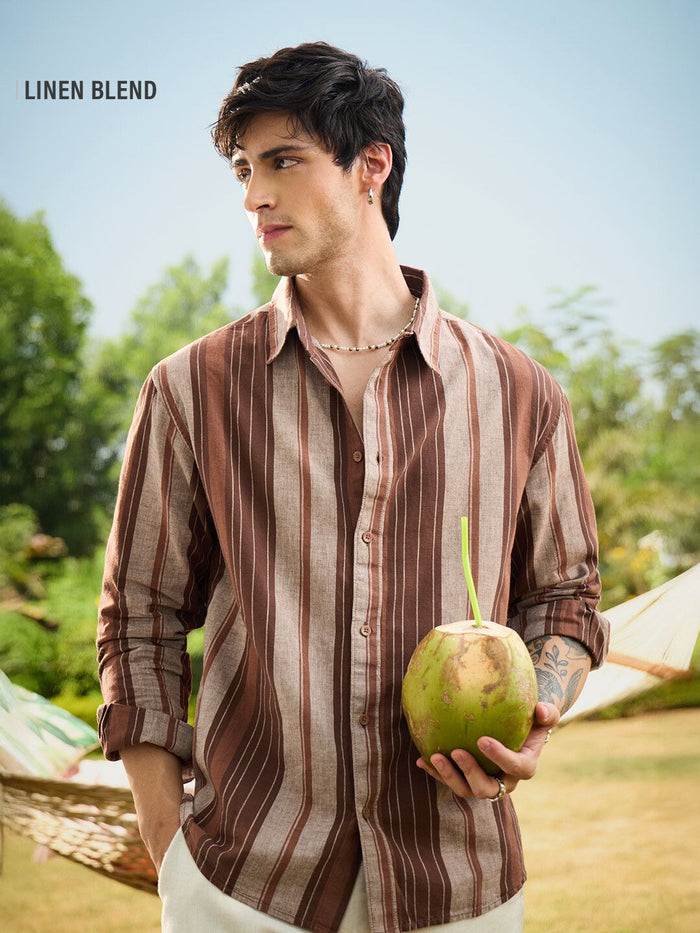 Cotton Linen Stripes: Latte Cotton Linen Shirts