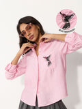 Textured Shirt: Pink Bird Women Relaxed Shirts