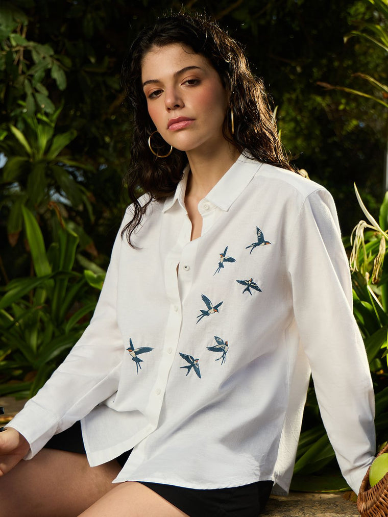 Cotton Linen Shirt: The Swallows Women Relaxed Shirts