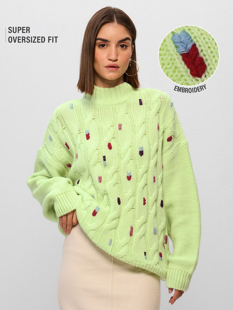 Cable Knit Sweater: Lime Women Super Oversized Sweaters