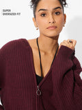 Knitted Hooded Sweater: Maroon Women Super Oversized Sweaters