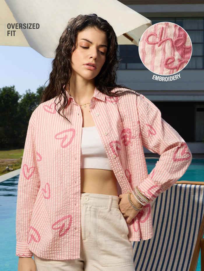 Textured Shirt: Little Hearts Women Oversized Shirts