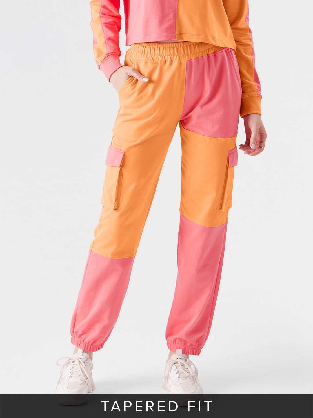 Easy Jogger: Orange, Pink (Colourblock) Women Cinched Joggers