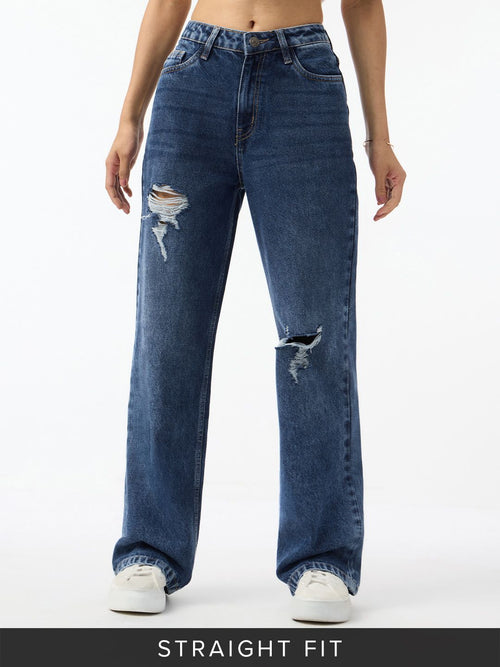 Distressed Denim: Sailor Blue Women Straight Denims