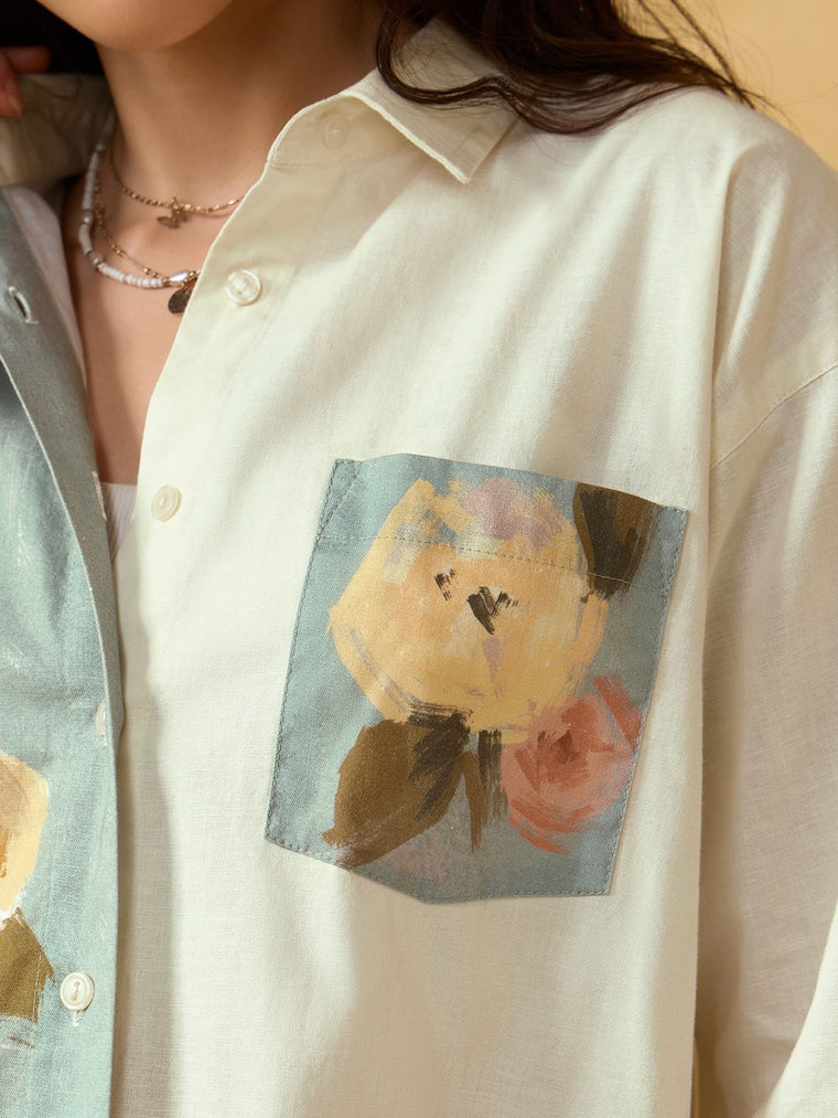 Cotton Linen Shirt: Flowers Women Oversized Shirts