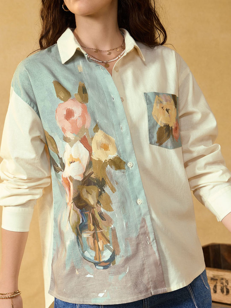 Cotton Linen Shirt: Flowers Women Oversized Shirts