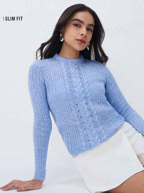 Cable-Knit Sweater: Periwinkle Women Fitted Sweaters