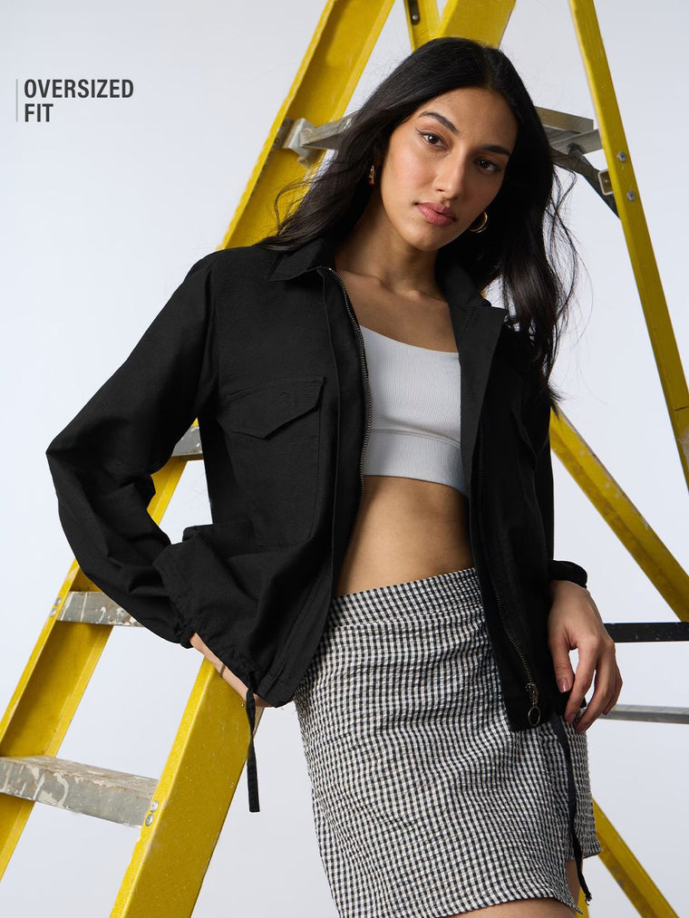 Cotton Linen Shacket: Carbon Black Women Shackets