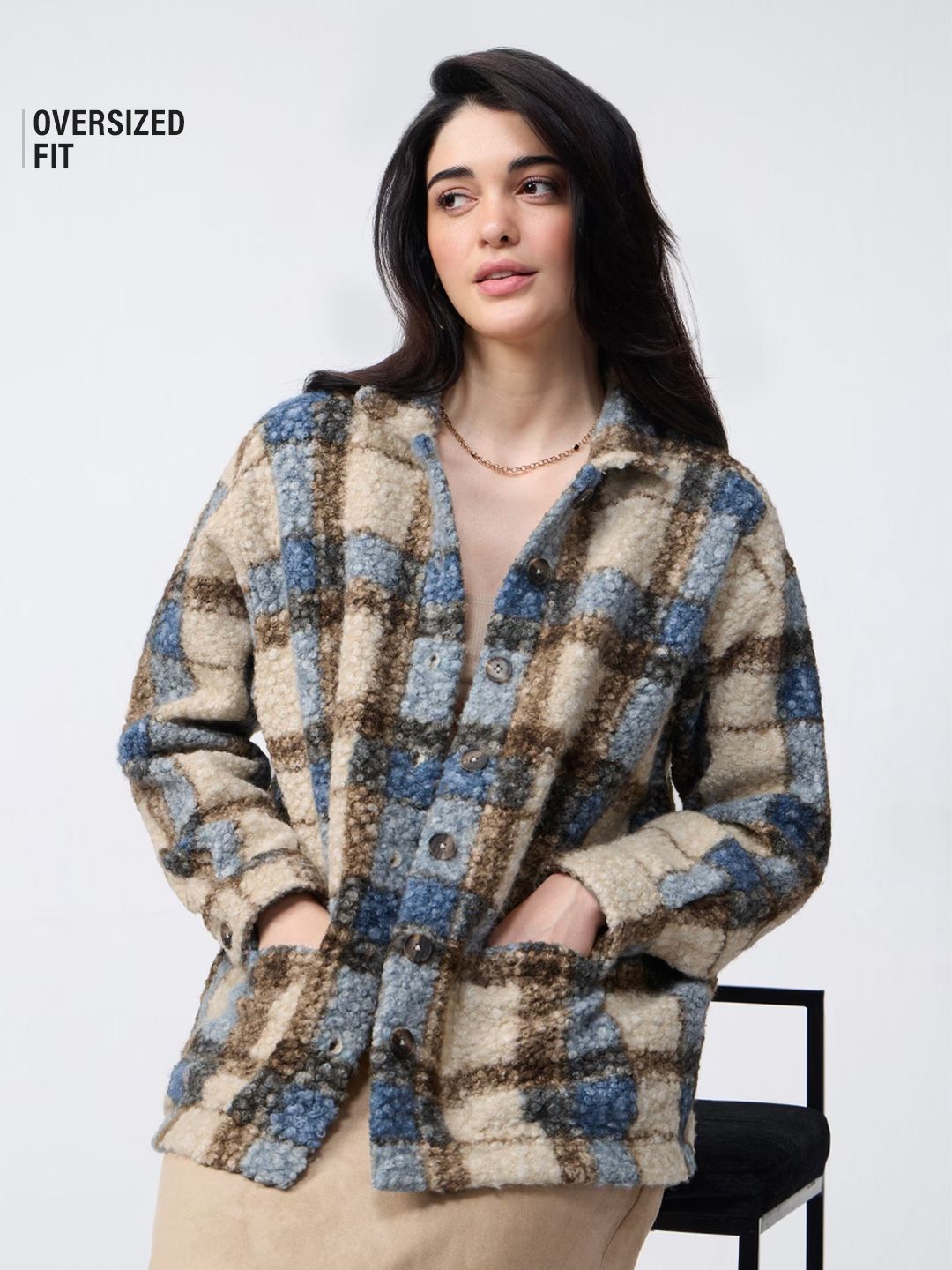 Plaid Teddy Shacket: Brown Women Shackets
