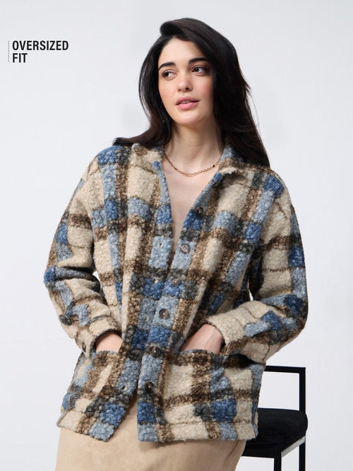 Plaid Teddy Shacket: Brown Women Shackets