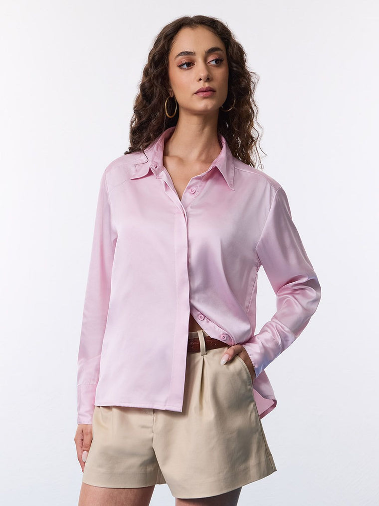 Satin Solid Shirt: Carnation Women Relaxed Shirts