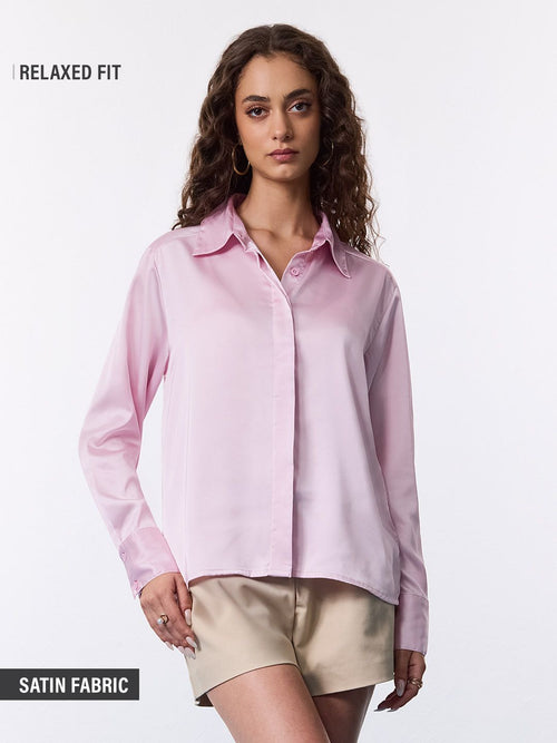 Satin Solid Shirt: Carnation Women Relaxed Shirts
