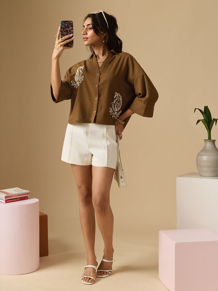Cotton Linen Shirt: Brown Paisley Women Super Oversized Shirts