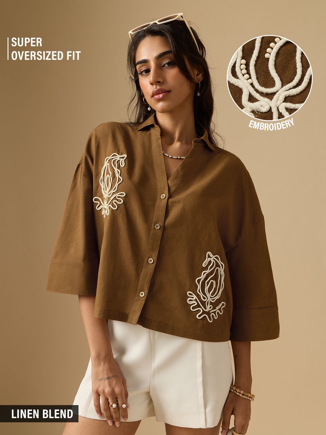 Cotton Linen Shirt: Brown Paisley Women Super Oversized Shirts