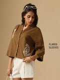 Cotton Linen Shirt: Brown Paisley Women Super Oversized Shirts