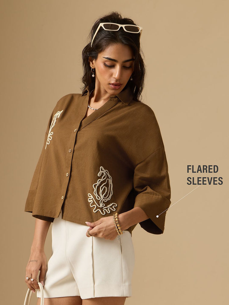 Cotton Linen Shirt: Brown Paisley Women Super Oversized Shirts