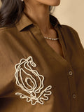 Cotton Linen Shirt: Brown Paisley Women Super Oversized Shirts