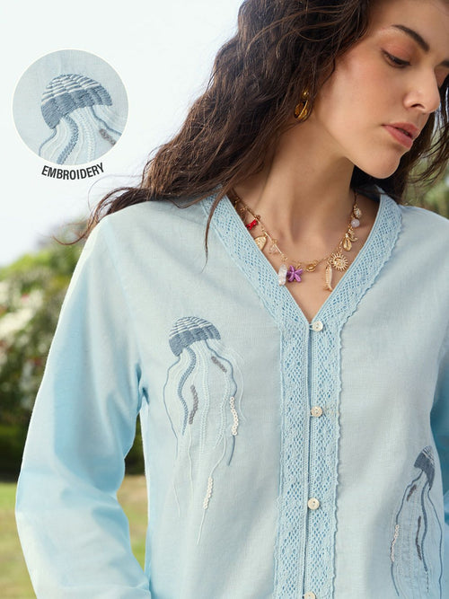 Cotton Linen Shirt: Jellyfish Women Fashion Shirts