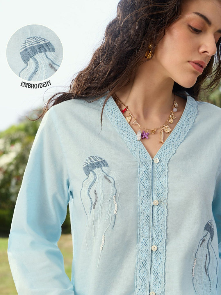 Cotton Linen Shirt: Jellyfish Women Fashion Shirts