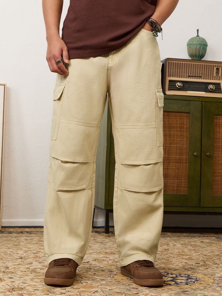 Baggy Fit Denim: CrÃ¨ma Men Cargo Jeans