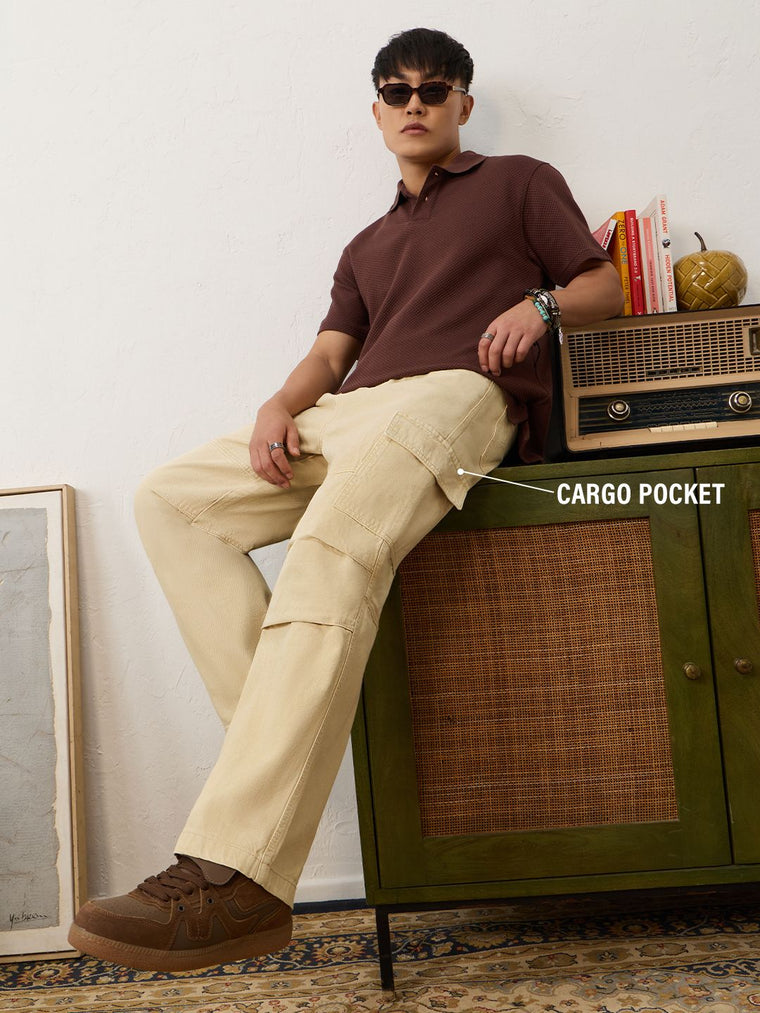Baggy Fit Denim: CrÃ¨ma Men Cargo Jeans