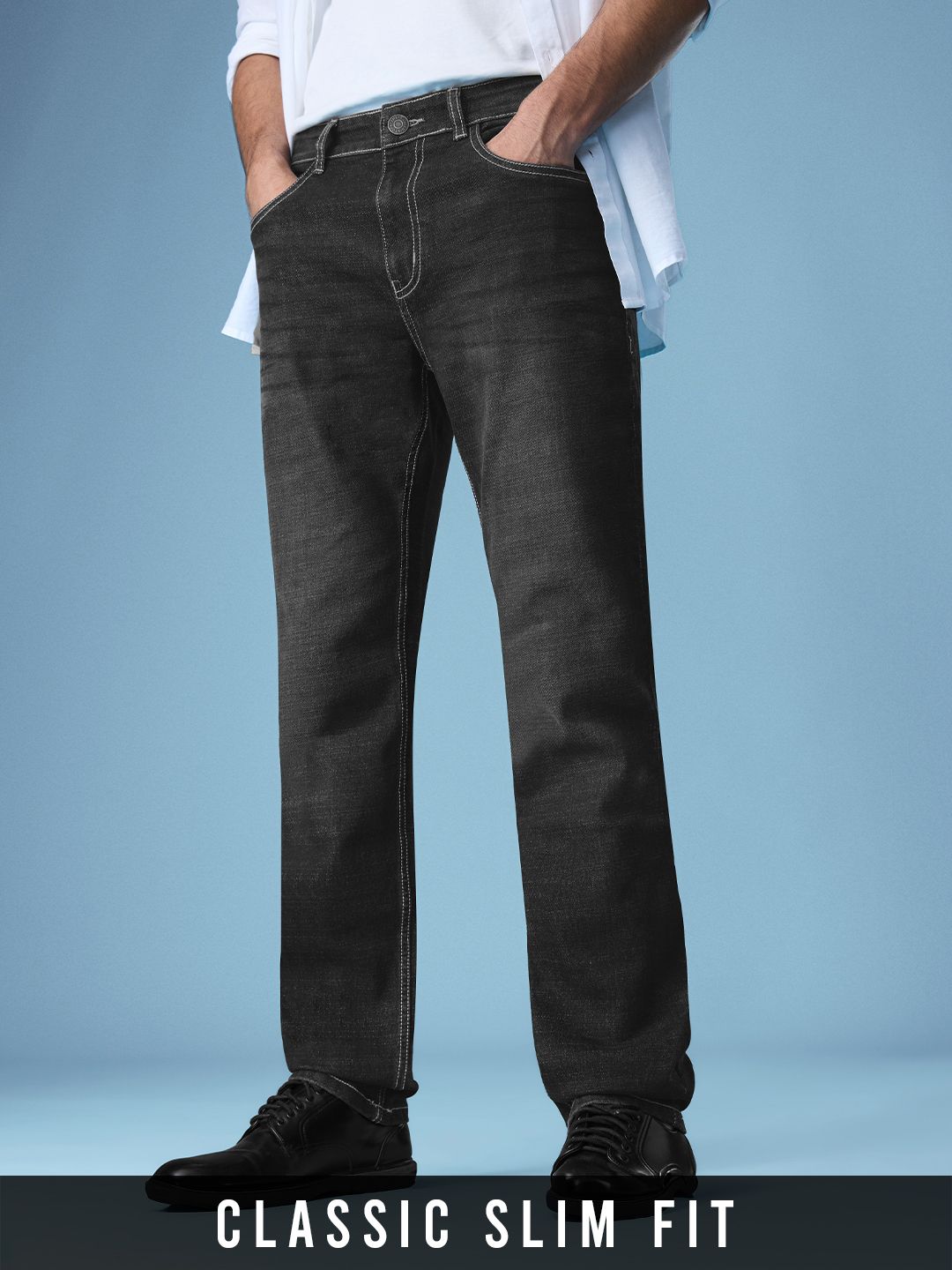 Classic Slim Fit Jeans: Charcoal Grey Men Classic Slim Fit Jeans