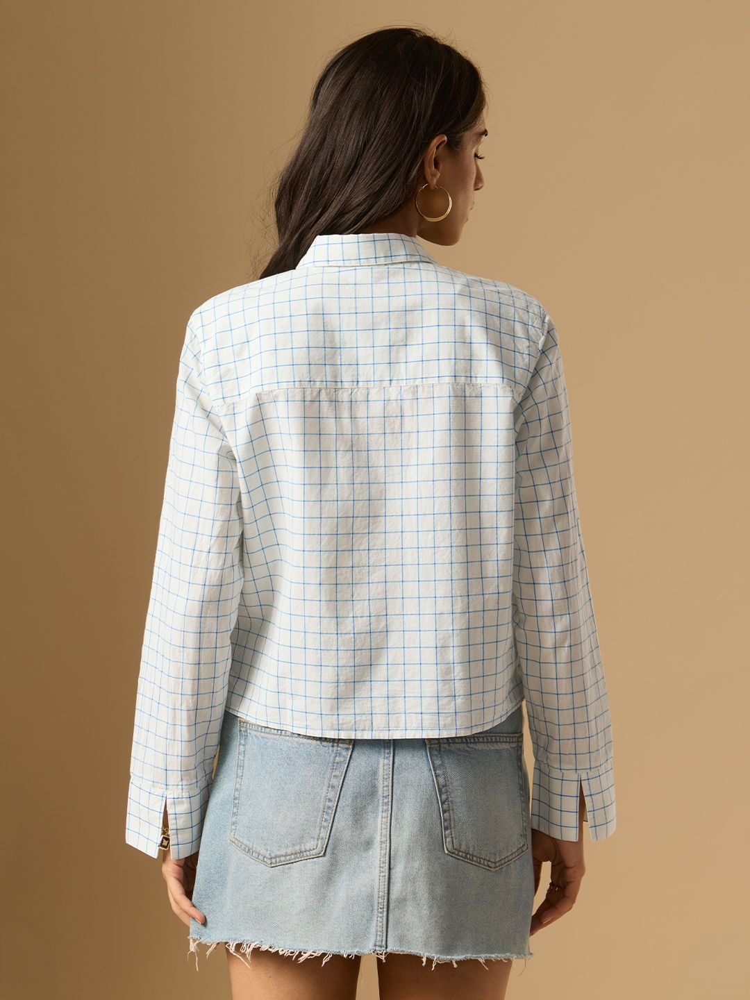 Cropped Plaid Shirt: Aqua Women Relaxed Shirts