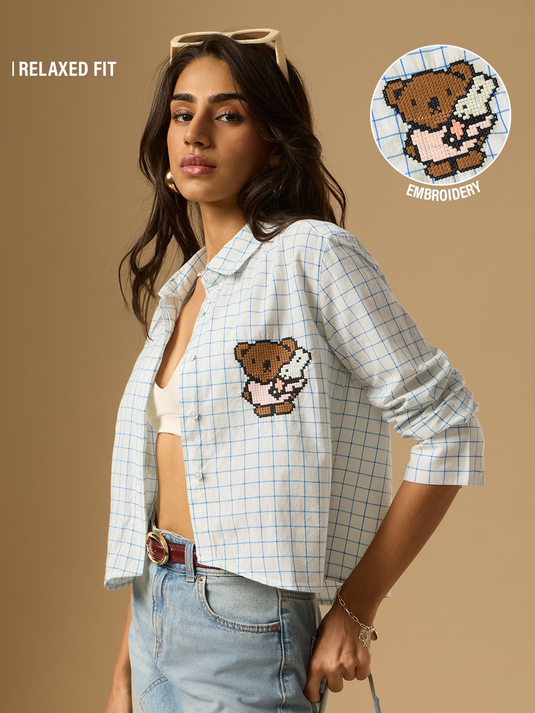 Cropped Plaid Shirt: Aqua Women Relaxed Shirts