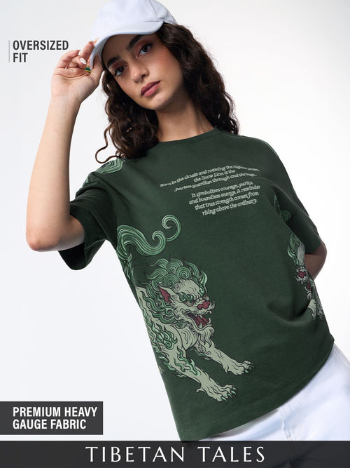 Tibetan Tales: Snow Lion Women Oversized T-Shirts