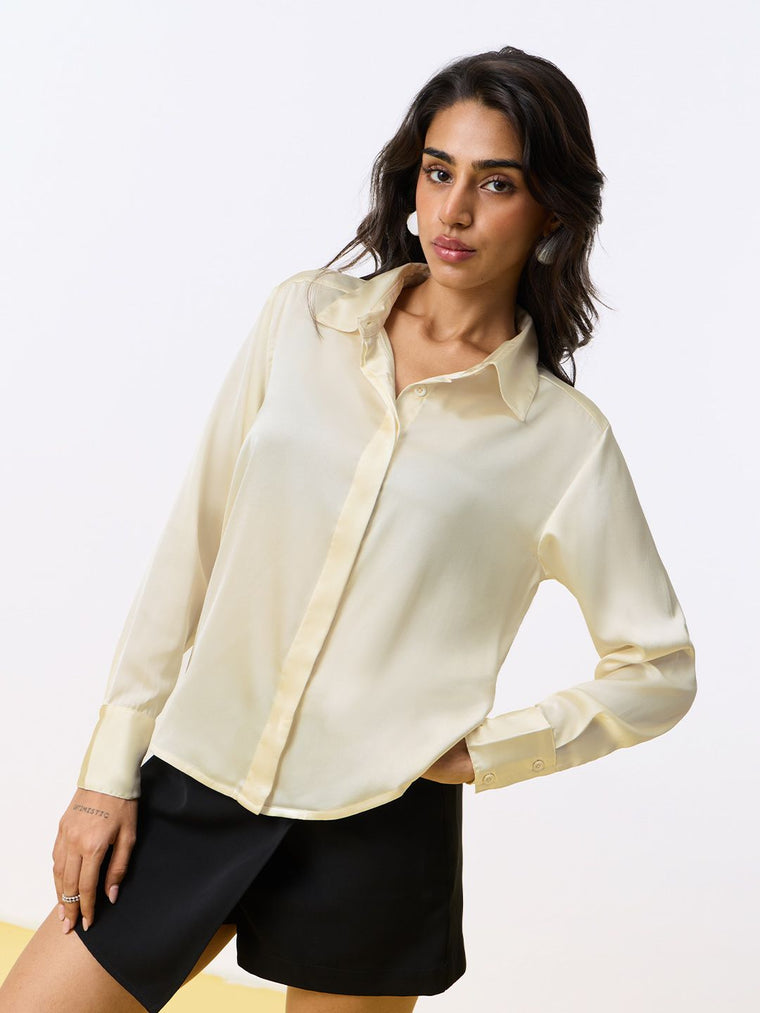 Satin Solid Shirt: Rich Ivory Women Relaxed Shirts