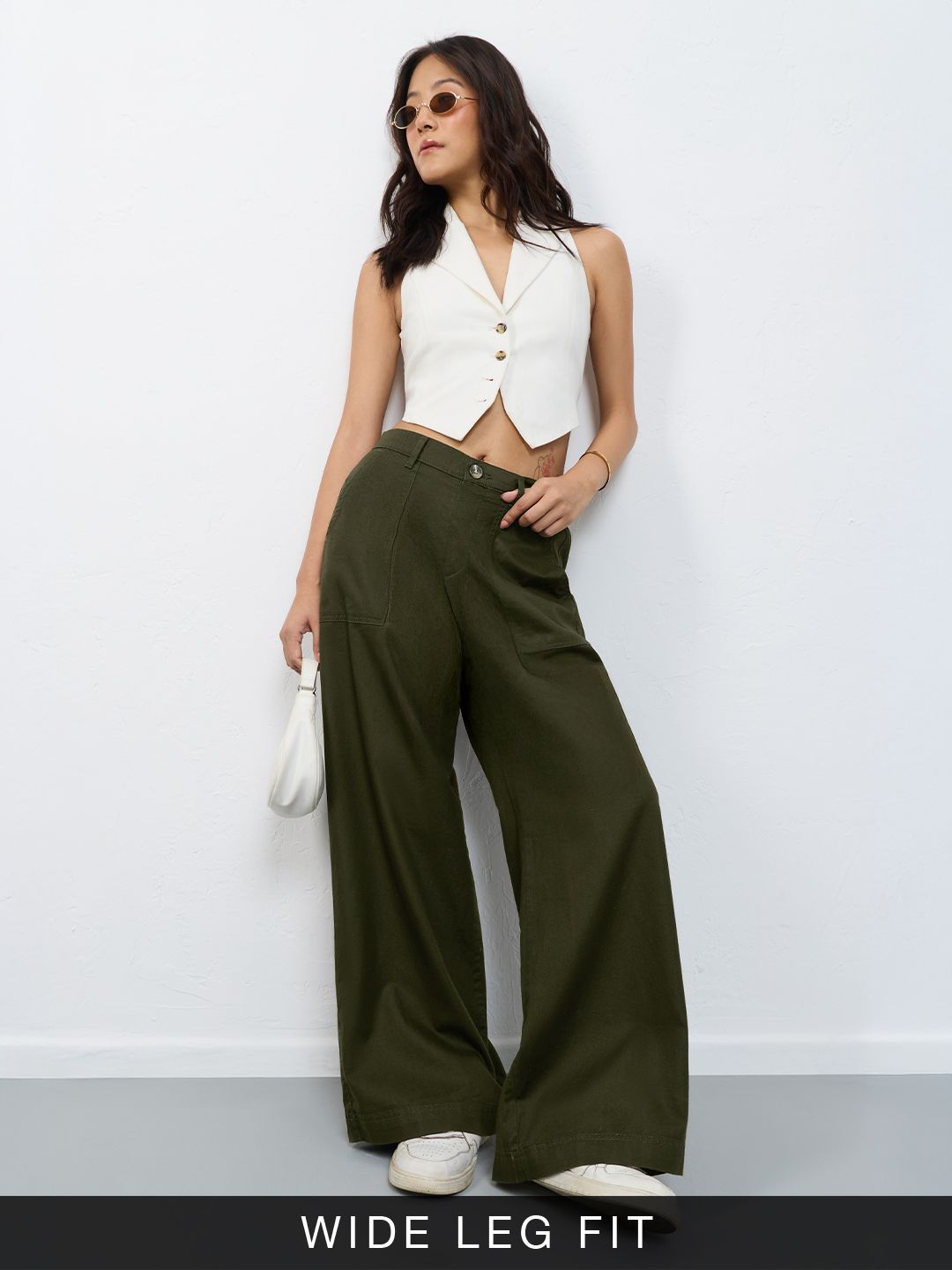 Classic Solid Pants: Olive Hues Women Wide Pants