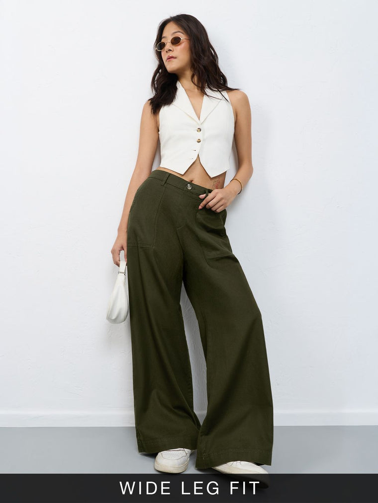 Classic Solid Pants: Olive Hues Women Wide Pants