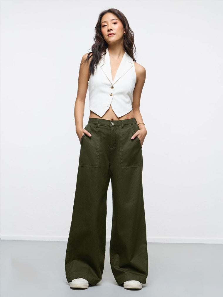 Classic Solid Pants: Olive Hues Women Wide Pants