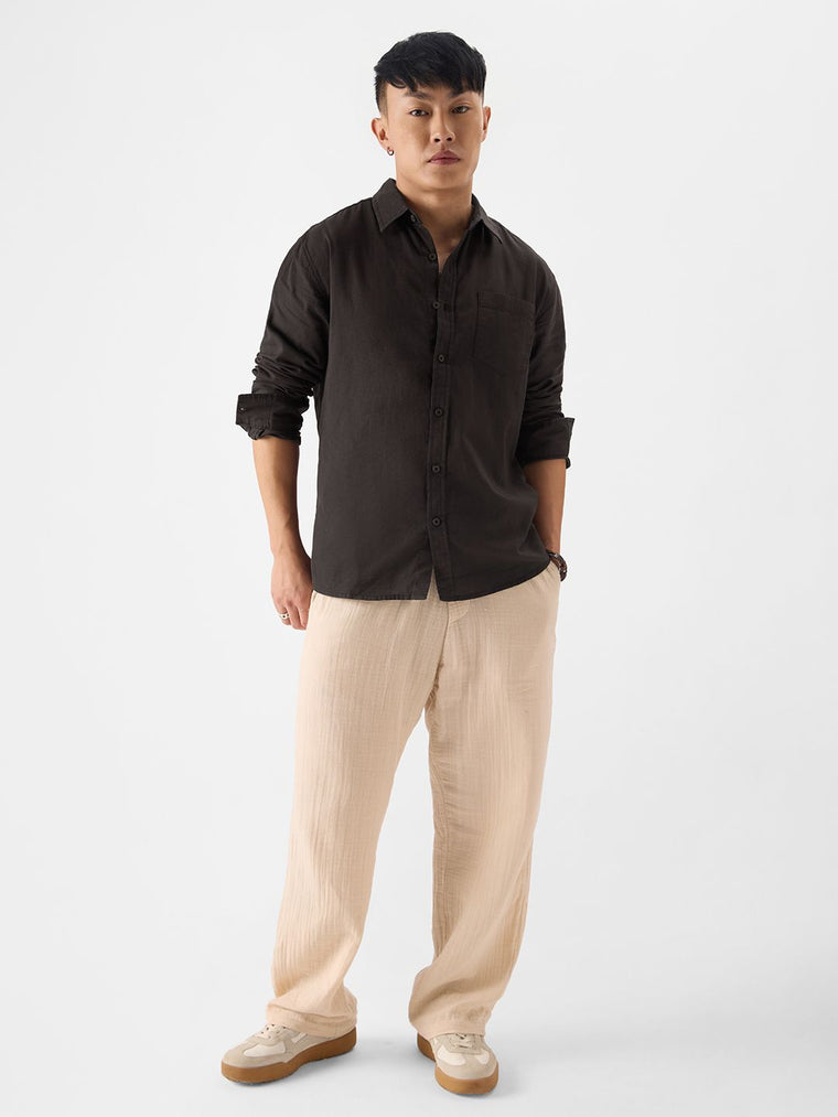 Cotton Linen: Grey Brown Cotton Linen Shirts