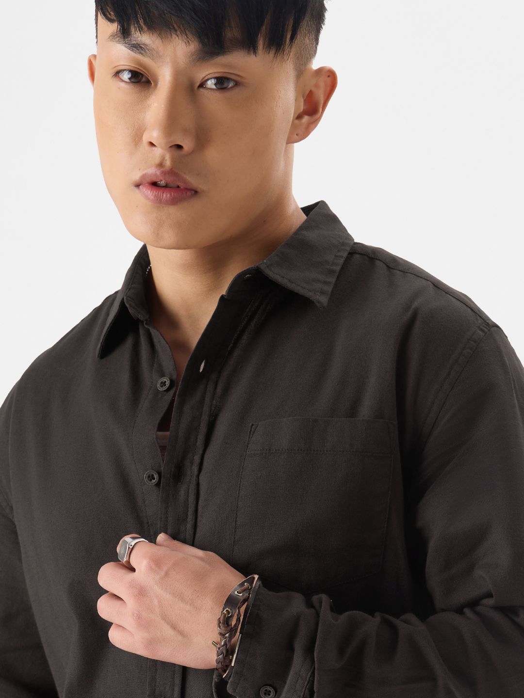 Cotton Linen: Grey Brown Cotton Linen Shirts