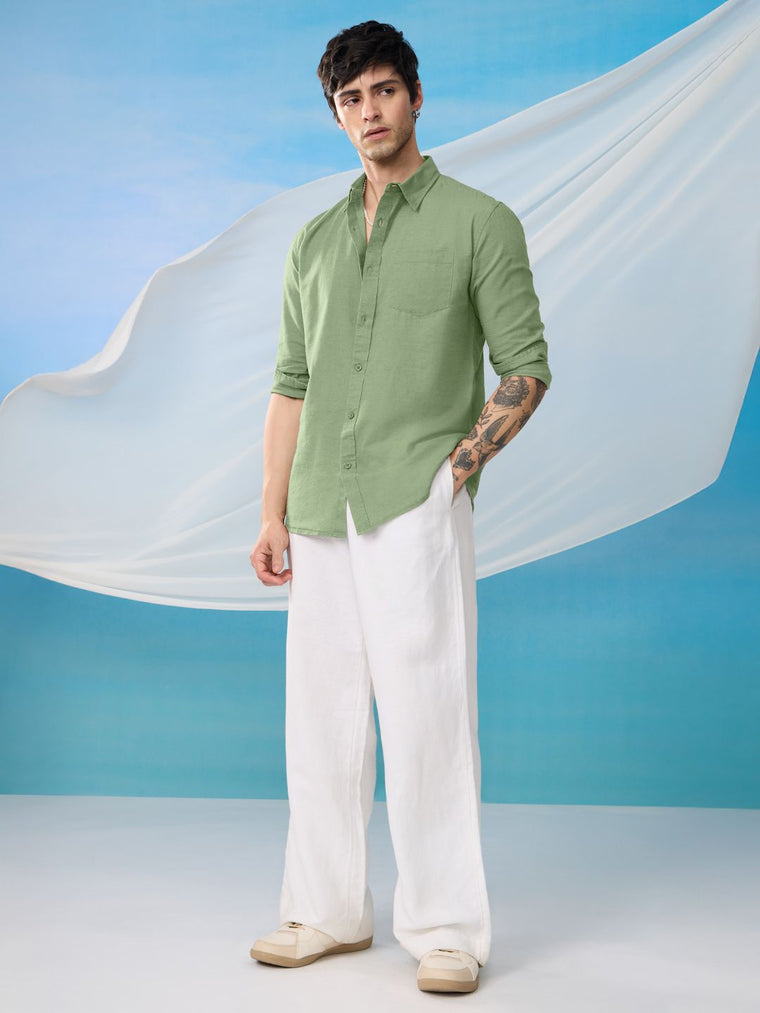 Cotton Linen: Light Green Cotton Linen Shirts