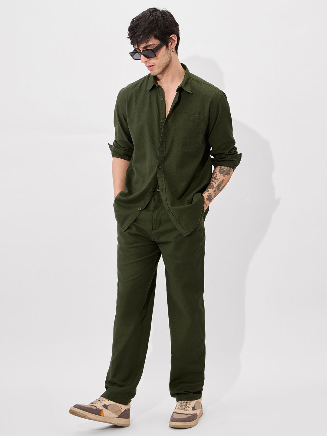 Cotton Linen: Dark Sage Cotton Linen Shirts