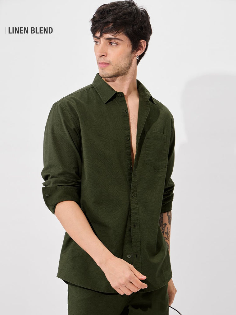 Cotton Linen: Dark Sage Cotton Linen Shirts