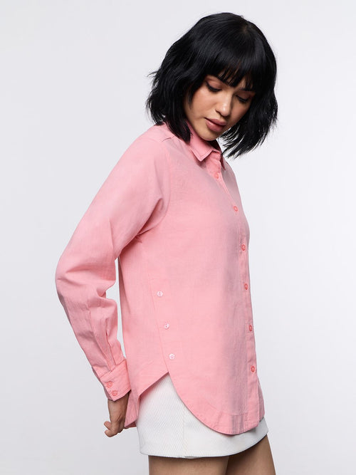 Cotton Linen Shirt: Pink Women Oversized Shirts